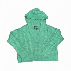 Vintage American Eagle Outfitters Green Hooded V-Neck Crop Sweater